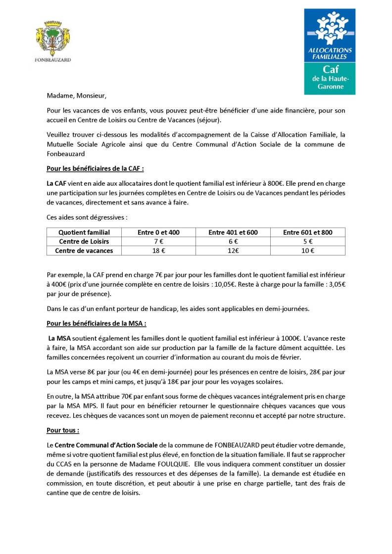 Bénéficiaire de la CAF  Aide financière pour les vacances de vos